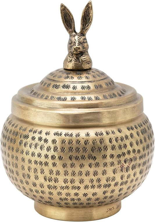 Round Hammered Metal Container with Rabbit Finial, Brass Finish