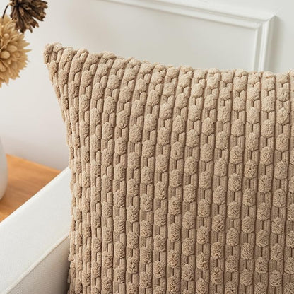 Kevin Textile 16x24 Inch Pillow Cover 1 Pack Boho Decorative Soft Striped Corduroy Lumbar Farmhouse Solid Color Accent Rectangle Cushion Case for Living Room Couch Sofa Bed, Tan