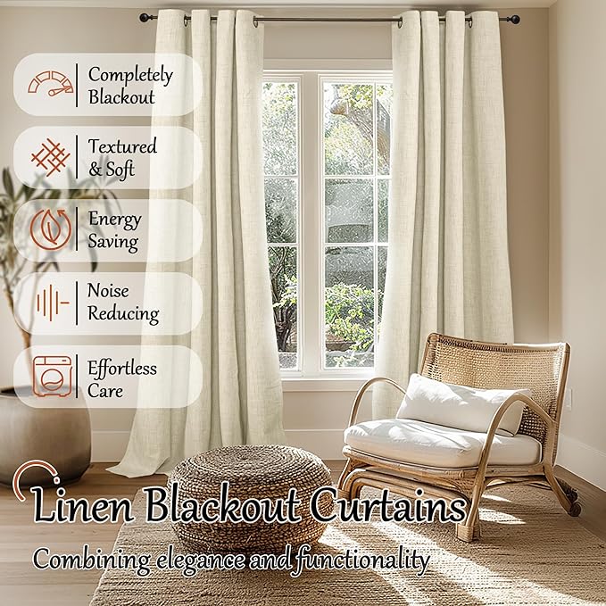 Lajode Cream 100% Blackout Curtains for Living Room 84 Inch Length 2 Panels Set, Thermal Insulated Light Blocking Faux Linen Curtains for Bedroom, Bronze Grommet Boho Window Drape Each 52" Wide