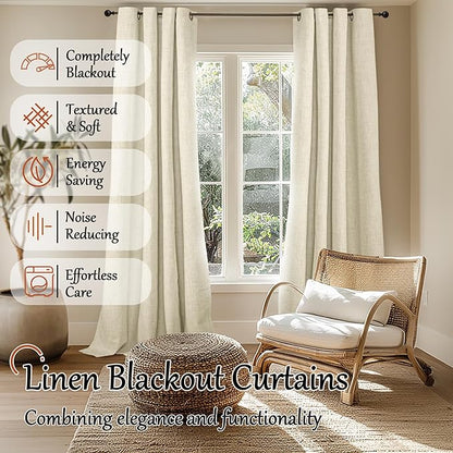 Lajode Cream 100% Blackout Curtains for Living Room 84 Inch Length 2 Panels Set, Thermal Insulated Light Blocking Faux Linen Curtains for Bedroom, Bronze Grommet Boho Window Drape Each 52" Wide