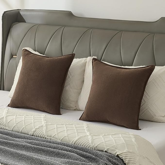 FUTEI Dark Coffee Chenille Throw Pillow Covers 20x20 Inch Set of 2,Edges Double-Stitched Cushion Cases,Modern Home Decor for Couch Living Room
