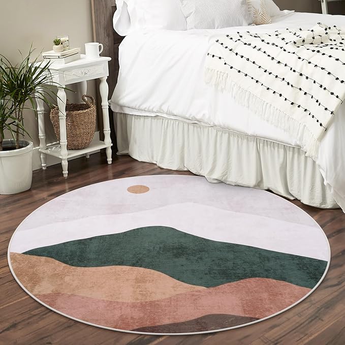4ft Abstract Round Rug,Soft Washable Non-Slip Sun and Mountain Circle Kids Room Rugs,Chic Faux Wool Low-Pile Circular Throw Rugs for Entryway/Bedroom/Nursery/Living Room/Bathroom(Grey)