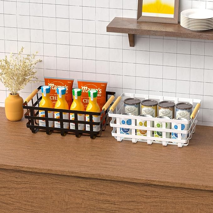 Large Metal Farmhouse Baskets,4 Packs Pantry Storage Baskets,Matte Black Food Organizer Storage Bin Basket with Wood Handles for Kitchen Cabinets Shelf Pantry