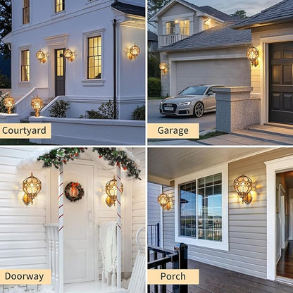 Dusk to Dawn Outdoor Wall Light Fixtures, Gold Exterior Aluminum Waterproof Porch Lights, Globe Anti-Rust Outside Sconce Lantern Wall Mount with Amber Glass for Patio Backyard Garage Doorway, 2 Pack