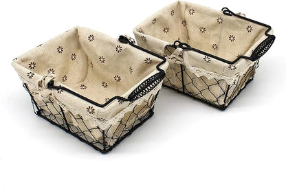 CVHOMEDECO. Primitives Country Chicken Wire Small Gift Baskets Gathering Baskets with Swing Handle and Fabric Liner. Set of 2 (Rectangular)