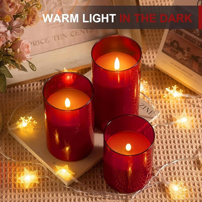 Tyawon Glass Battery Operated LED Flameless Candles with Remote and Timer, Real Wax Candles Warm Color Flickering Light for Festival Wedding Home Party Decor(Pack of 3)-Red