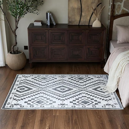Moroccan Washable Area Rug 4x6, Geometric Decorative Woven Rug Low Pile, Non-Slip Boho Accent Farmhouse Indoor Floor Carpet for Living Room Entryway Laundry Bedroom, Black and White