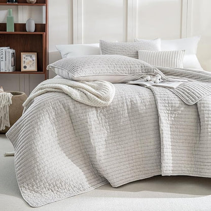 Sanracie Stonewashed Oversized King Quilt(120"x120"), Cotton Light Wheat Color Cross Stitch Pattern California King Quilt Set 3Pcs Ultra Soft Lightweight Crinkle Bed Coverlet Set for All Season