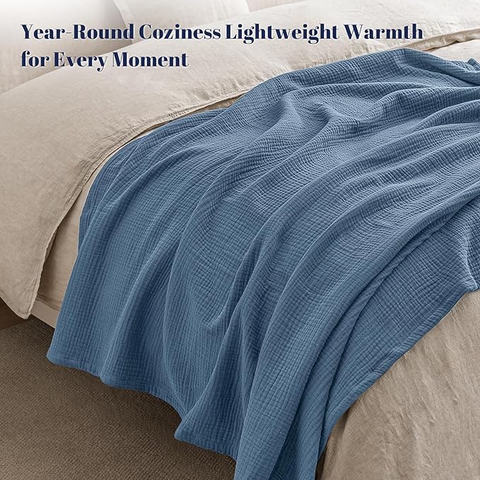 PHF 100% Cotton Muslin Blanket King Size 108"x90", 4-Layer Lightweight Gauze Throw, Breathable Cloud-Soft Minimalist Blanket for Bed, Couch, Camping & Baby, Denim Blue, Ideal Gift