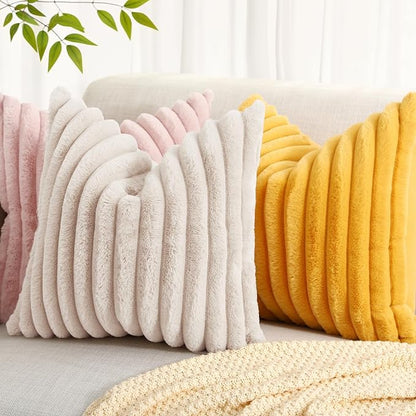 decorUhome Faux Fur Spring Throw Pillow Covers 18x18 Set of 2, Decorative Soft Plush Striped Neutral Couch Pillow Covers with Velvet Back for Sofa, Bed, Living Room Home, Beige