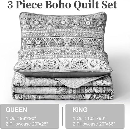 WONGS BEDDING Boho Queen Quilt Set, Grey Bohemian Queen Quilt Bedding Set, Lightweight Microfiber Bed Decor Bedspread for All Season 96"x90"(3 Pieces)