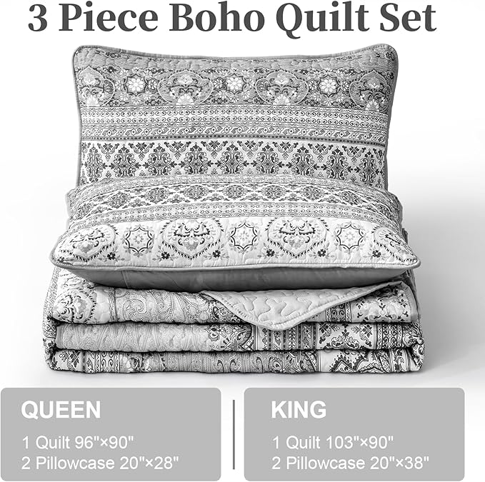 WONGS BEDDING Boho King Quilt Set, Grey Bohemian King Quilt Bedding Set, Lightweight Microfiber Bed Decor Bedspread for All Season 103"x90"(3 Pieces)