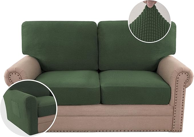 H.VERSAILTEX Multi-Pieces Sofa Covers Stretch Couch Covers Form Fitted Seats and Back Cushions Covers (2 Seat Covers Plus 2 Back Cusion Covers, Bonus 2 Armrest Covers), Bronze Green