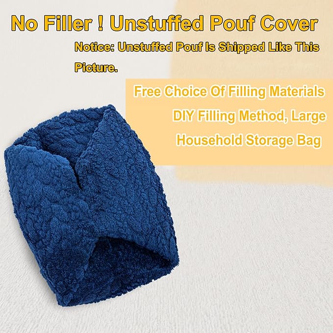 Unstuffed Ottoman Pouf Cover – Round Faux Fur Footstool Plush Floor Pouf (No Filler Included) Perfect for Living Room, Bedroom, or Office Lounge (Navy Blue, 26x26x18 in)