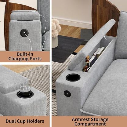 115" U Shaped Cloud Sofa Couch with Ottoman, Storage Armrest, Cup Holders, USB & Type-C Ports, Spring Cushions, Solid Wood Frame, Chenille Modular Sectional for Living Room (Light gray-U-115.2")