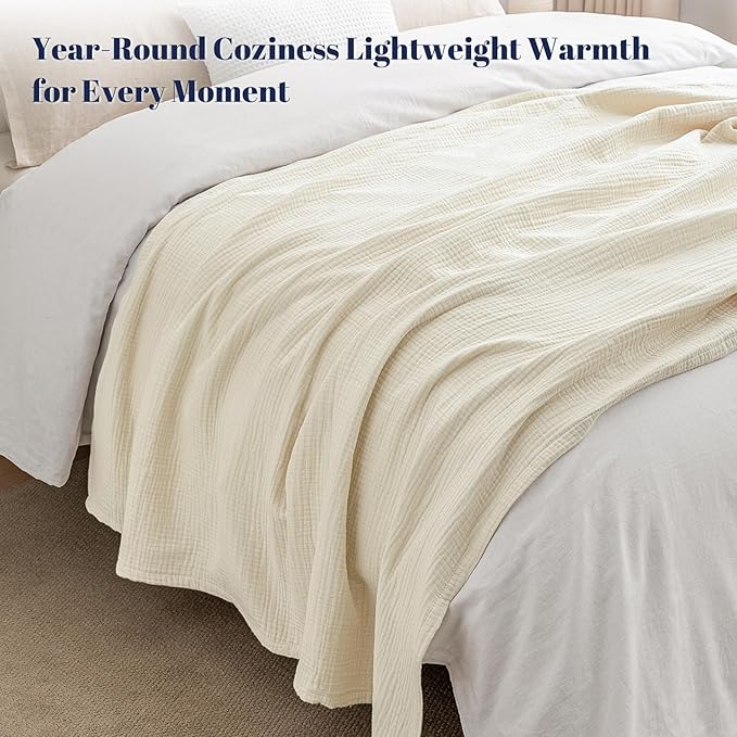 PHF 100% Cotton Muslin Blanket Queen Size 90"x90", 4-Layer Lightweight Gauze Throw, Breathable Cloud-Soft Minimalist Blanket for Bed, Couch, Camping & Baby, Birch, Ideal Gift