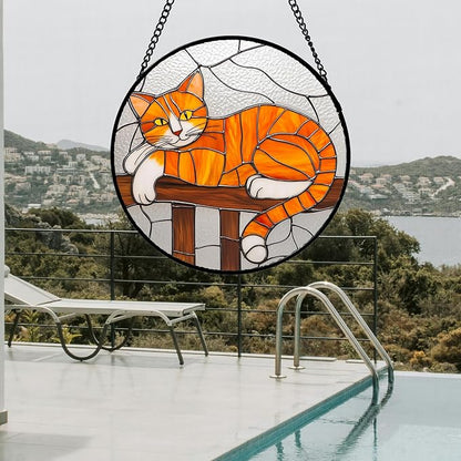Stained Glass Window Hanging 4 Pcs Set Cute Cat Large 15" - Suncatcher Door Garden Sun Catcher Decor Birthday Mother's Day Christmas Comfort Gifts for Lost Pet Woman Nana Mom Men Friend