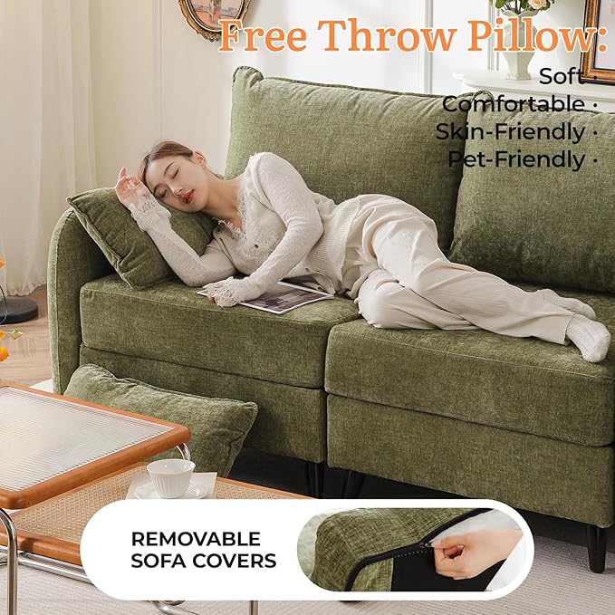 73'' Loveseat Sofa with Seats Storage, Modular Sectional Sofa with Movable Ottoman,Oversized Comfy Couches with Deep Seat,7.8'' Cushion,Couch for Living Room,Bedroom,Chenille,Green