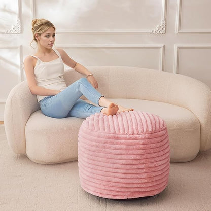 HIGOGOGO Round Stuffed Pouf Ottoman, Stripe Faux Fur Poufs with Foam Chunk Filling, Furry and Fluffy Pouf Foot Stool Storage Ottoman, 20 X 15 Floor Poufs Foot Rest for Living Room, Pink