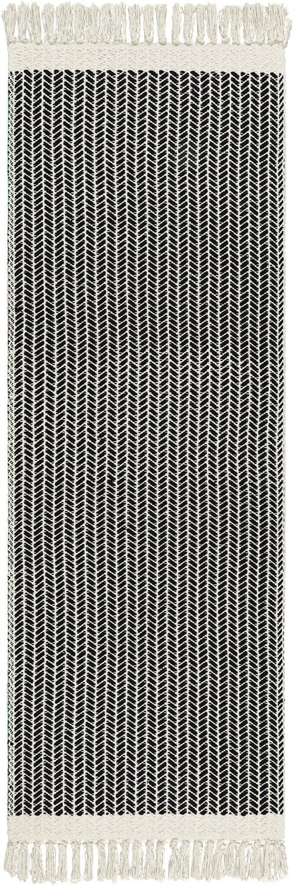 Lahome Boho Hallway Runner Rug, 2x6 Laundry Room Lightweight Entry Woven Cotton Throw Mat with Tassels, Farmhouse Non Shedding Washable Black Low Pile Runner for Kitchen Bathroom