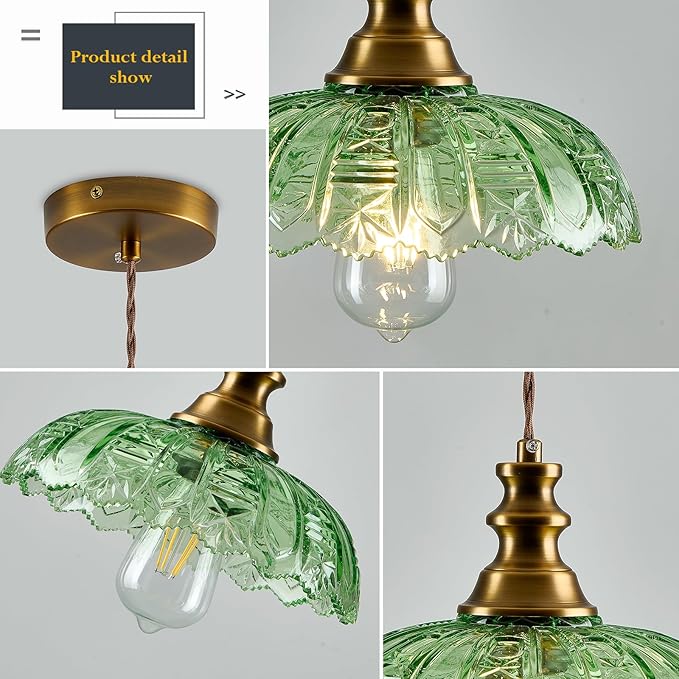 1-Light Pendant Light with Brass Gold Metal Green Glass Shade and Adjustable Cord Industrial Ceiling Hanging Light for Kitchen Island Bar Dining Room Bedroom Foyer Hallway Farmhouse