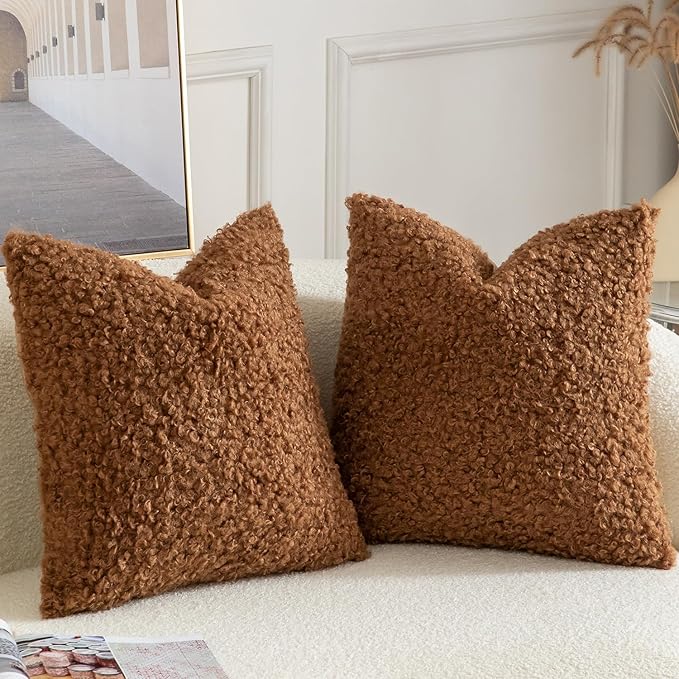 Yaertun Pack of 2 Faux Fur Throw Pillow Covers Decorative Sherpa Boucle Pillow Covers Fuzzy Soft Pillowcases Sheepskin Fleece Cushion Case for Couch Sofa Bed Living Room 26x26 Inch Brown