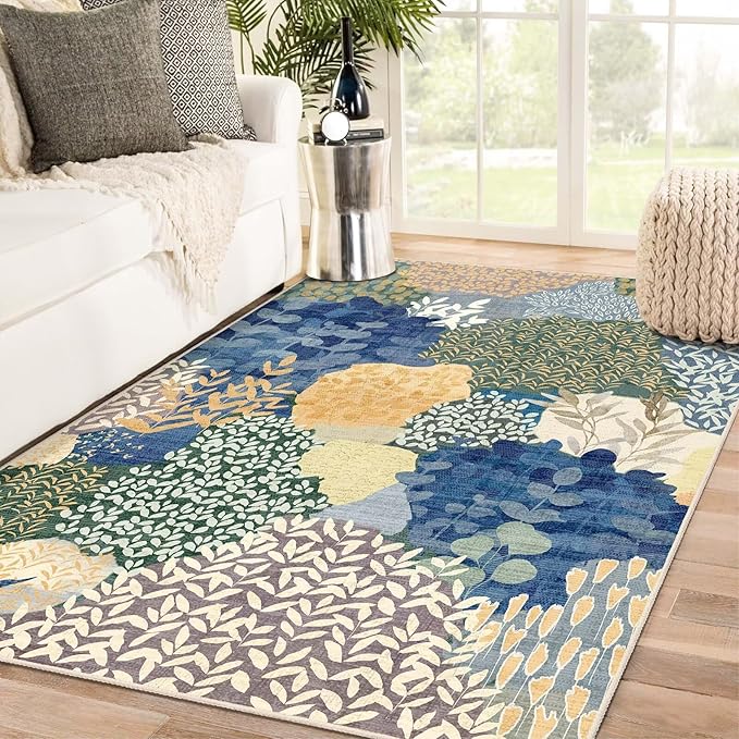 DEXDE Blue Area Rugs 5x7 Tropical Washable Non-Slip Abstract Leaf Floral Boho Soft Rug for Living Room Bedroom Botanical Large Carpet for Entryway, Kids Playroom, Office Decor