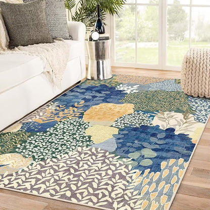 DEXDE Blue Area Rugs 5x7 Tropical Washable Non-Slip Abstract Leaf Floral Boho Soft Rug for Living Room Bedroom Botanical Large Carpet for Entryway, Kids Playroom, Office Decor