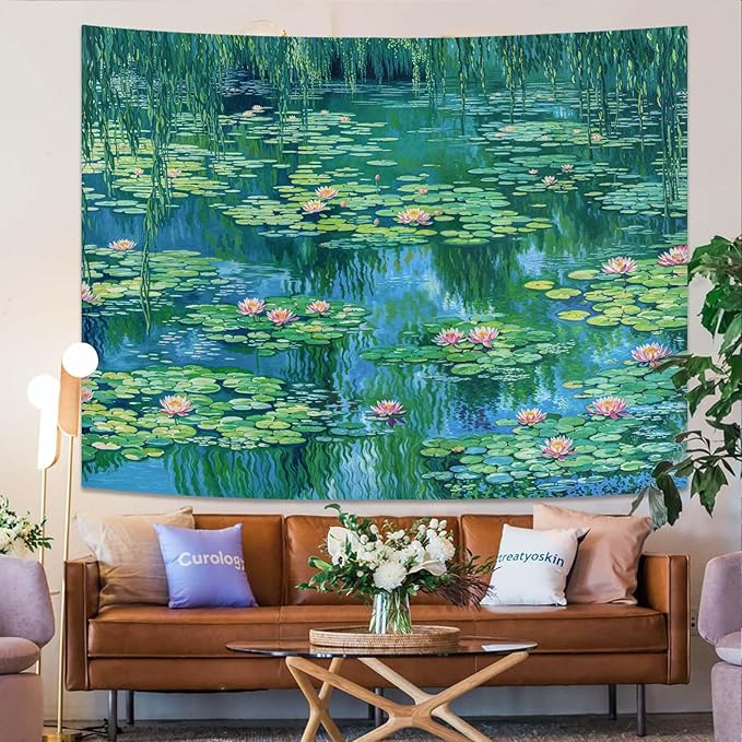 kampdream Landscape Tapestry, Scenery Art Wall Tapestries, Nature Wall Decor for Bedroom Living Room Backdrop Impressionist Pond Lotus 60×80 inches