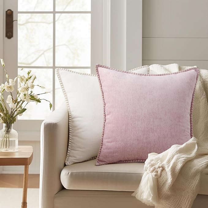 decorUhome Spring Chenille Soft Throw Pillow Covers 26x26 Set of 2, Farmhouse Velvet Neutral Decorative Euro Sham Pillow Covers with Stitched Edge for Couch Sofa Bed Home Decor, Blush Pink