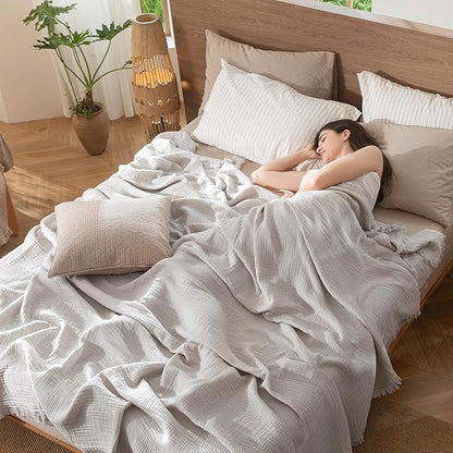 MooMee Muslin Blanket - 100% Cotton 4-Layer Gauze Throw Blanket with All-Around Fringe, Ultra-Soft Breathable Lightweight Cooling Decorative for Bed, Sofa & Couch (Light Grey,Super King 108" x 98")