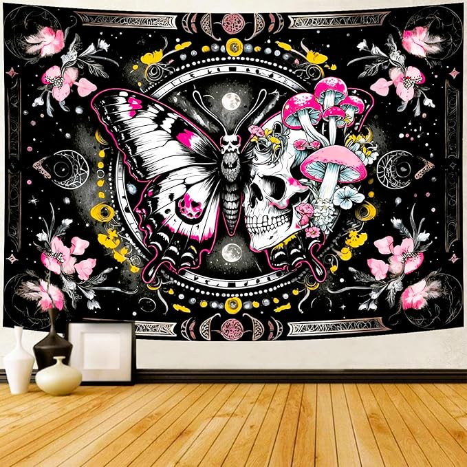 Delur Skeleton Butterfly Tapestry Pink Goth Skull Hippie Mushroom Plants Floral Boho Tapestry Fantasy Abstract Moon Phase Flower Wall Hanging Headboard for Bedroom Living Room Home Decor (59.1" x 78.7")