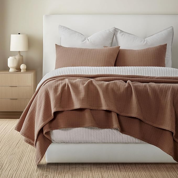 EVERGRACEHOME Cotton Gauze Full Queen Bedspread, Ultra Soft Prewashed Pick Stitch Matelassé Coverlet, Lightweight Oversized Queen Quilt Bedding Set for All Season, w/ 2 Shams, Terracotta Clay