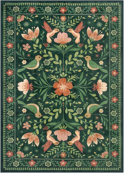Moynesa 3x5 Kitchen Rug, Modern Cottage Washable Non-Slip Low Pile Area Rug for Bedroom Entryway Entrance Aesthetic,Lightweight Foldable Farmhouse Floral Bird Print Pattern Carpet Retro Home Decor