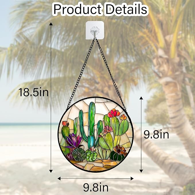 DASTOLL Stained Glass Window Hanging, White Green Cactus Suncatcher Diamond Glass Panel Hangings Sun Catchers Decor for Birthday for Women, Men, Wife, Aunt, and Mom 11.8x11.8 in