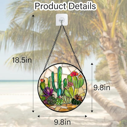 DASTOLL Stained Glass Window Hanging, White Green Cactus Suncatcher Diamond Glass Panel Hangings Sun Catchers Decor for Birthday for Women, Men, Wife, Aunt, and Mom 11.8x11.8 in
