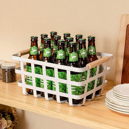 Wire Metal Baskets Storage Organizer Farmhouse Baskets with Wood Handles for Pantry Cabinets Store Fruit, Coffee, Spices, Pasta, Baking Supplies - White