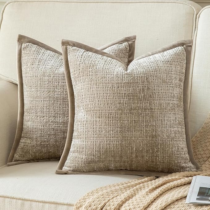 Yaertun Pack of 2 Chenille Textured Decorative Throw Pillow Covers Accent Solid Cushion Cover Soft Cozy Pillow Case with Velvet Back for Couch Sofa Bed Living Room 16x16 Inch Khaki