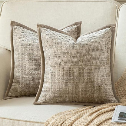 Yaertun Pack of 2 Chenille Textured Decorative Throw Pillow Covers Accent Solid Cushion Cover Soft Cozy Pillow Case with Velvet Back for Couch Sofa Bed Living Room 16x16 Inch Khaki