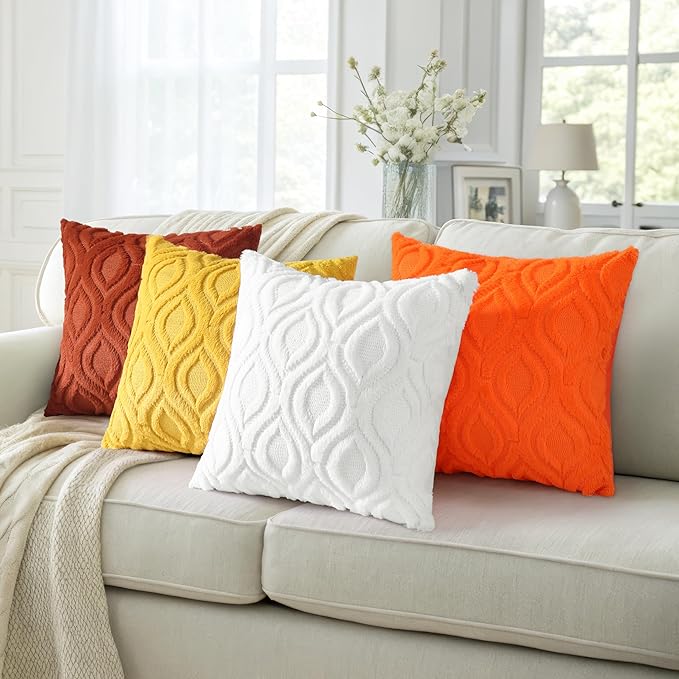 decorUhome Throw Pillow Covers 16x16 Inch Set of 2, Soft Plush Faux Wool Orange Solid Couch Pillow Covers, Accent Farmhouse Neutral Square Pillow Cases for Sofa Bed Living Room