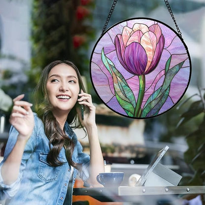 DASTOLL Stained Glass Window Hanging Purple Tulips Flower Large 11.8" - Suncatcher Door Garden Sun Catcher Home Decor Birthday Mother's Day for Mom Men Woman Parents Her Nana Friend