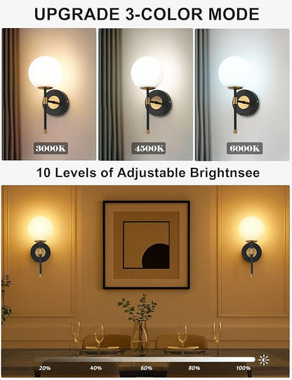 Battery Operated Globe Wall Sconces Set of 2, Black & Gold Wireless Wall Lights with Remote Control, Rechargeable 3 Color Stepless Dimming Modern Wall Decor Lamp for Bedroom Living Room Hallway