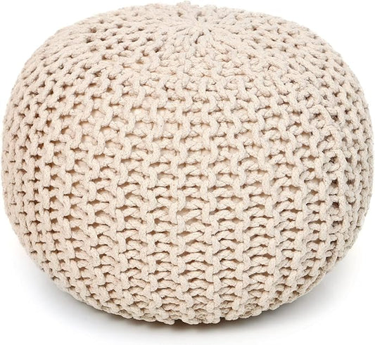 REDEARTH Round Pouf Ottoman –18"x18"x14" Hand-Knitted Cotton Pouffe –Cable Footstool –Boho Dori Hassock –Pre-Stuffed Poof – Extra Seat -Poofy Footrest for Living Room, Bedroom, Nursery, Nook –Ivory