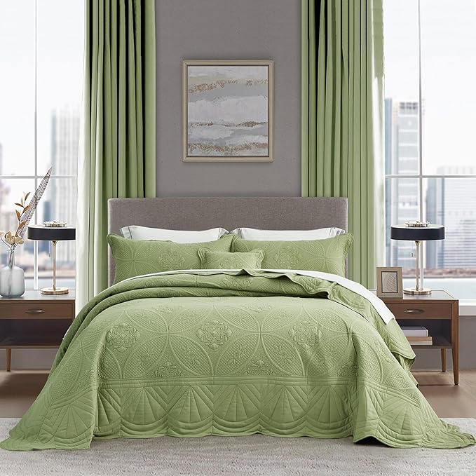 Oversized Bedspread - King Size Bedding Cover - Modern & Contemporary Coverlet Set, Real Stitching, Reversible, Lightweight, 5 Piece, Sage Green