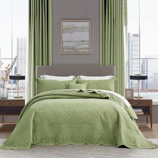 Bedspread - Full Size Bedding Cover - Modern & Contemporary Coverlet Set, Real Stitching, Reversible, Lightweight, 5 Piece, Sage Green