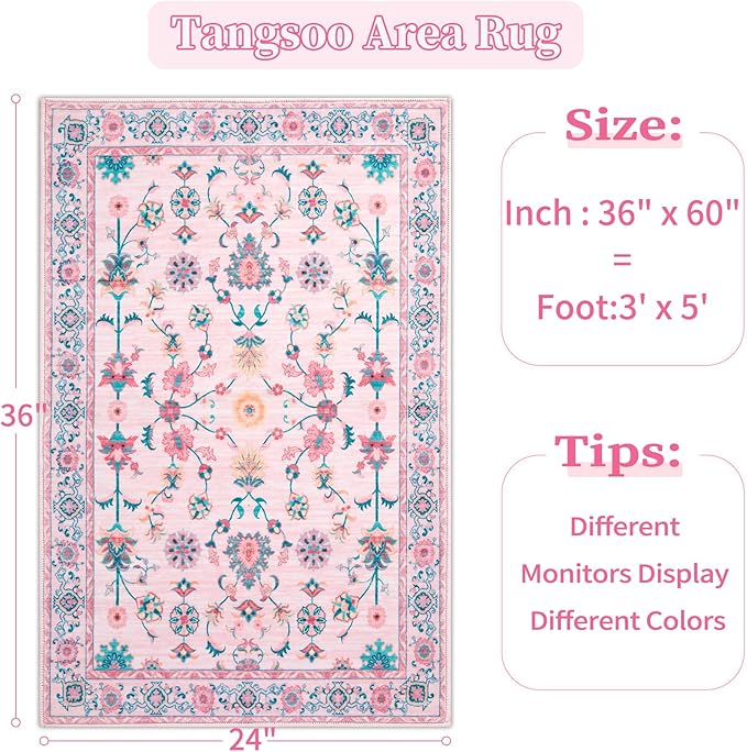 Tangsoo 4x6 Washable Area Rug, Non Slip Pink Floral Rug for Bedroom Girls Nursery Bedside, Soft Low Pile Floor Carpet Indoor Mat Cute Home Decor for Office Classroom Reading Corner Baby Teen Room