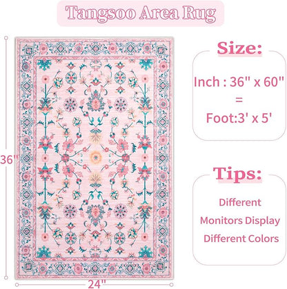 Tangsoo 3x5 Pink Small Area Rug for Bedroom Girls, Non Slip Washable Cute Floral Rug for Nursery Bedside, Soft Low Pile Front Door Carpet Indoor Entrance Inside House Bathroom Classroom Teen Room
