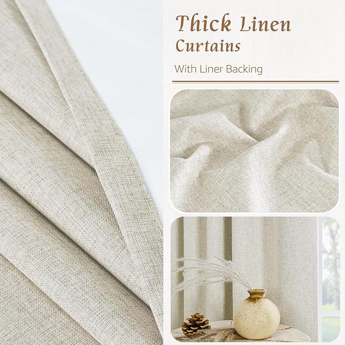 LAMIT 100% Blackout Linen Curtains, 63 Inches Linen Textured Thermal Bedroom Curtains Back Tab and Rod Pocket Neutral Panels with White Liner for Short Windows, 2 Panels, Stone, 42 x 63 Inch