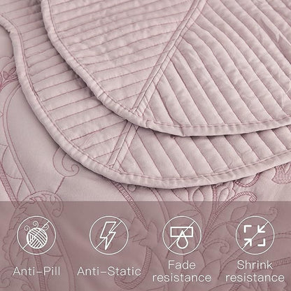 CHIXIN Bedspread Coverlet Set Queen Size - Lightweight Bedding Cover - Beautiful Stitching - 5 Piece Reversible Bedspread - Gorgeous Damask Paisley Pattern (Queen, Pale Rose)