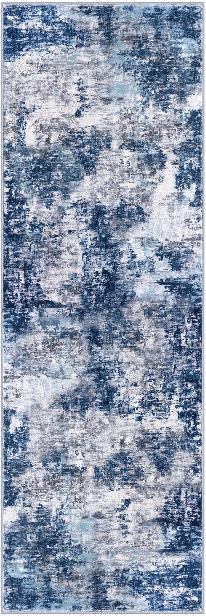 Modern Abstract Hallway Runner Rug, Grey Navy Blue 3x8 Runner Rug, Washable Kitchen Runner Non-Slip Soft Thin Print Faux Wool Carpet for Entryway Bedroom Laundry Room Indoor